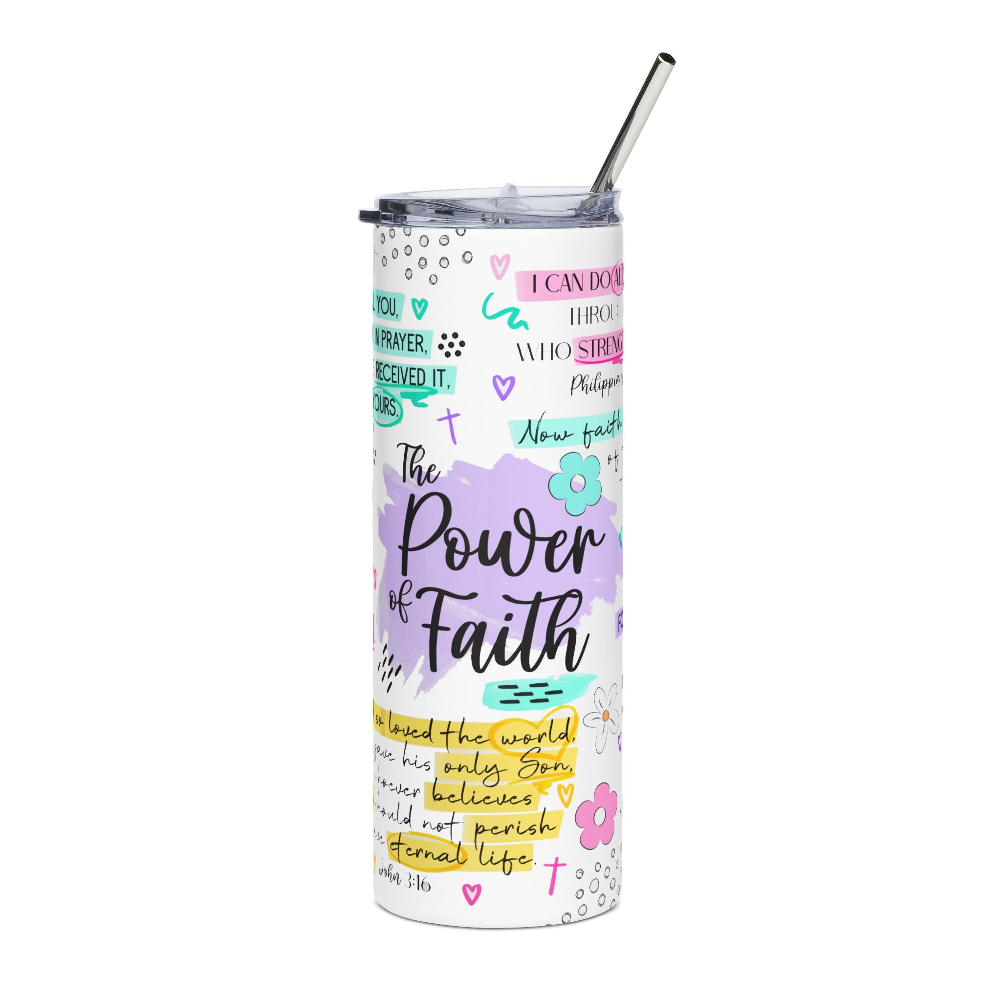 The Power Of Faith Watercolor 20oz Stainless Tumbler — Inspirational Scripture Travel Mug